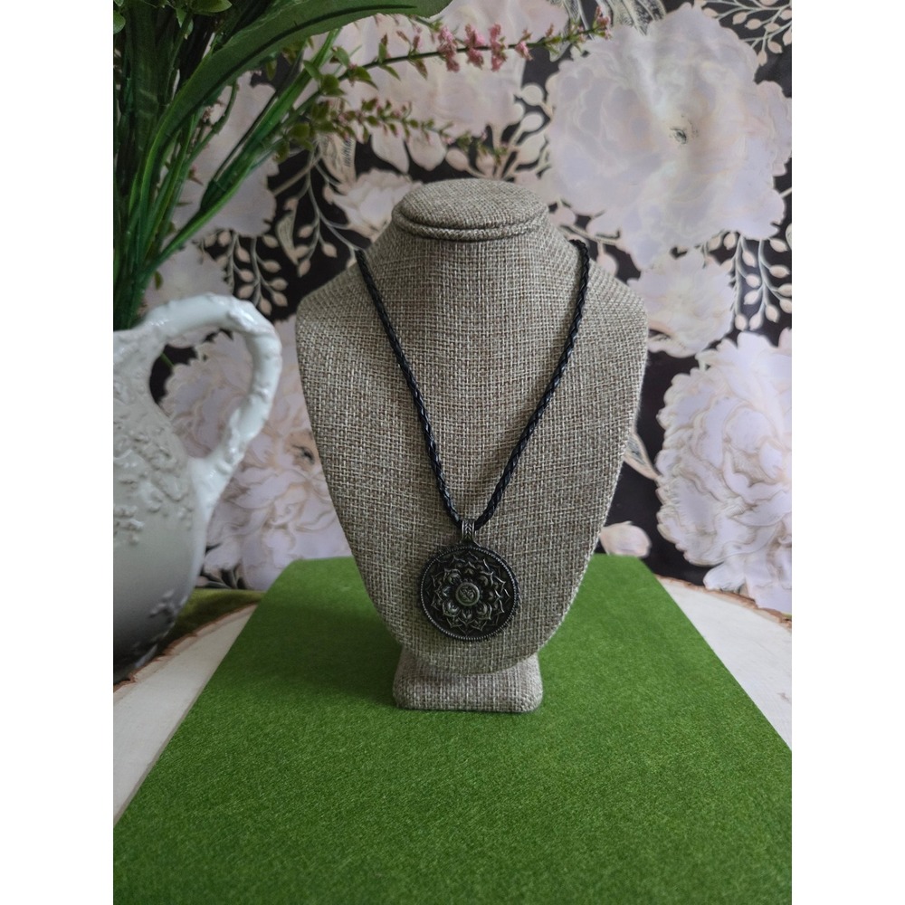 😎Silver Tone Om Mandala Pendant Necklace Black Braided Cord Boho Spiritual‎